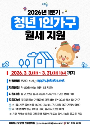 가평군, ‘1분기 청년 1인 가구 월세 지원사업’ 시행