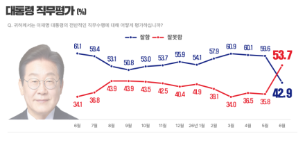 [리서치뷰 6월 정기조사] 이재명 대통령 "긍정 42.9%(▼16.7) vs 부정 53.7%(▲17.9)", 차기 대선 프레임 "민주당 재집권 42.1% vs 정권교체 48.7%"