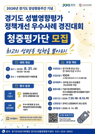 경기도여성가족재단, ‘성별영향평가 정책개선 우수사례 경진대회’ 청중평가단 100명 모집