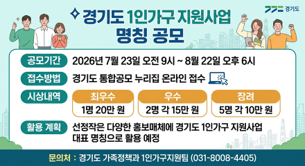 경기도, ‘1인가구 지원사업’ 새 이름 찾는다…도민 공모전