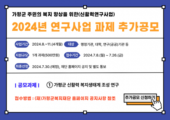 가평군, 주민복지 향상 위한 연구사업 과제 추가공모
