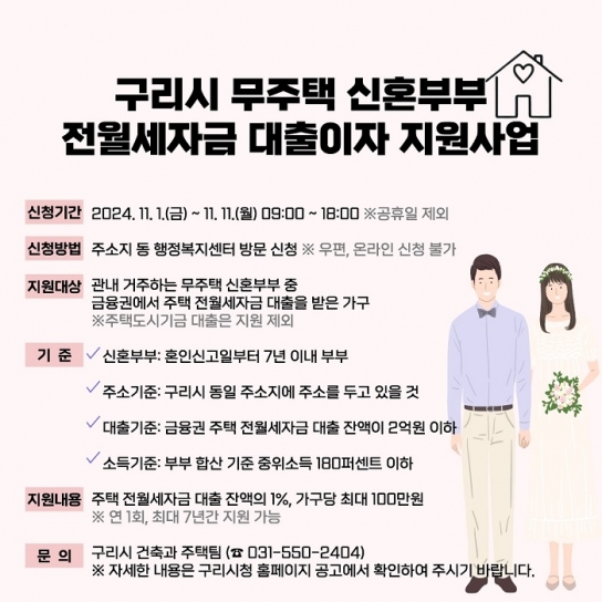 구리시, 무주택 신혼부부 전월세자금 대출이자 지원